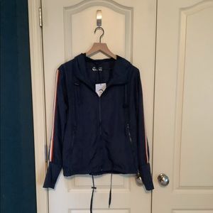 Zyia Active Rainbow Sleeve Hooded Bomber Jacket Navy Medium